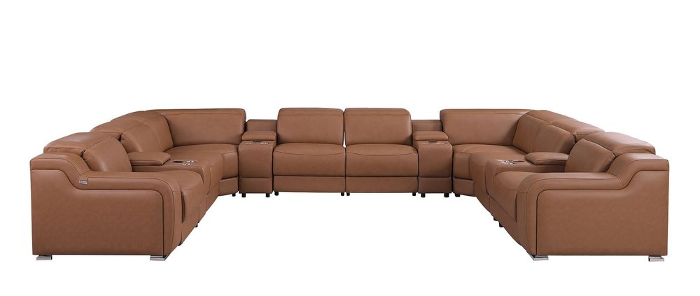 Chestnut Italian Leather Power Reclining U Shaped Twelve Piece Corner Sectional With Console on a white background