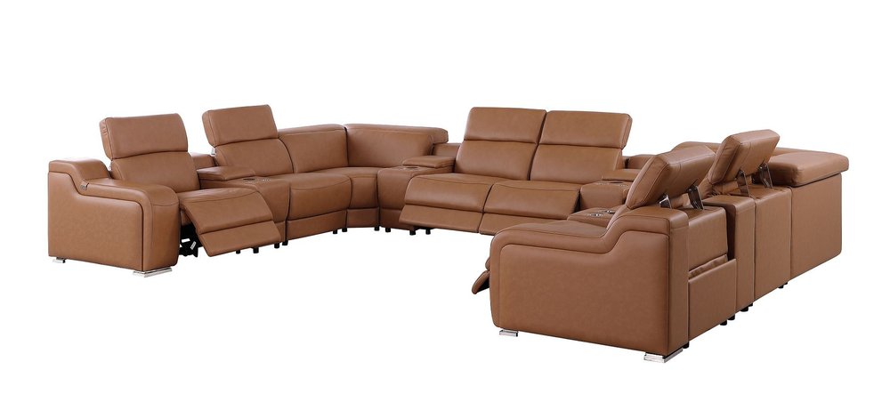 Chestnut Italian Leather Power Reclining U Shaped Twelve Piece Corner Sectional With Console