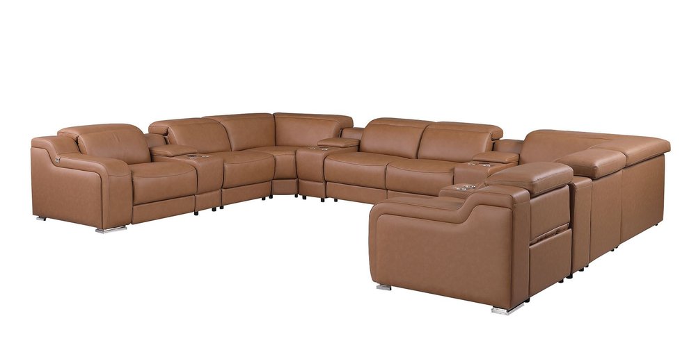 Chestnut Italian Leather Power Reclining U Shaped Twelve Piece Corner Sectional With Console