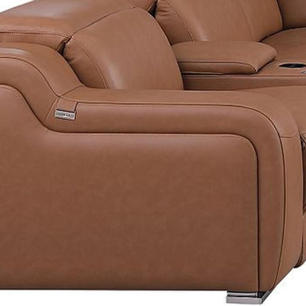 Chestnut Italian Leather Power Reclining U Shaped Twelve Piece Corner Sectional With Console