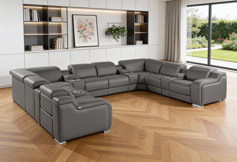 Dark Gray Italian Leather Power Reclining U Shaped Twelve Piece Corner Sectional With Console