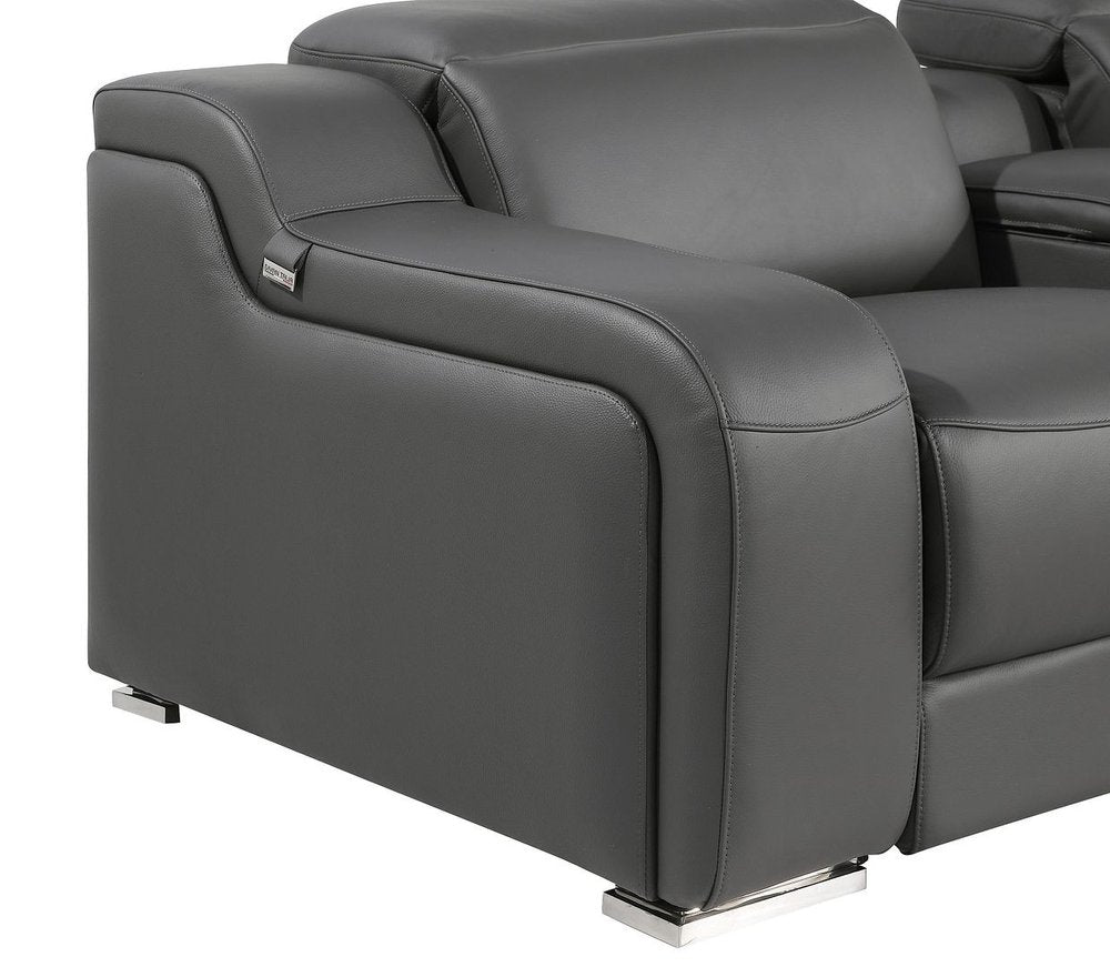 Dark Gray Italian Leather Power Reclining U Shaped Twelve Piece Corner Sectional With Console