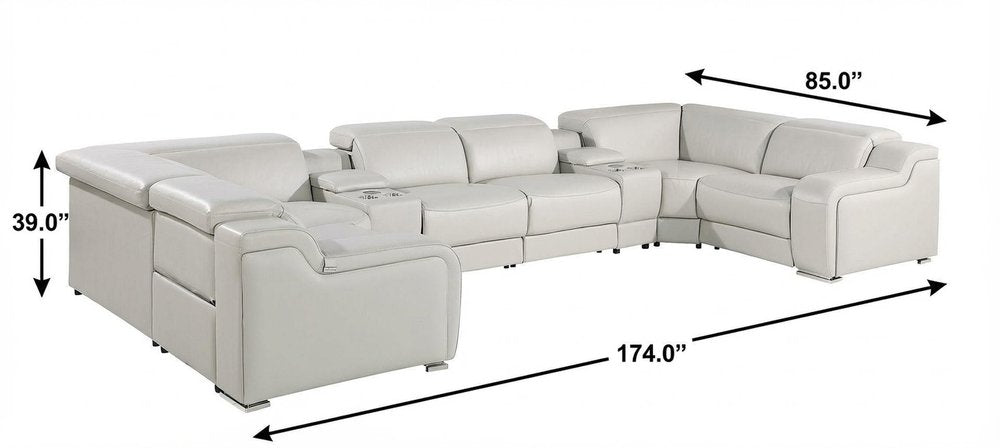 Light Gray Italian Leather Power Reclining U Shaped Eight Piece Corner Sectional With Console