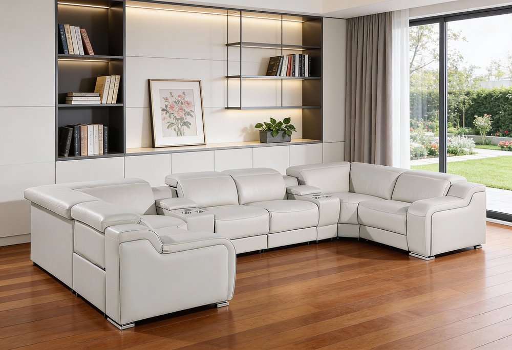 Light Gray Italian Leather Power Reclining U Shaped Eight Piece Corner Sectional With Console