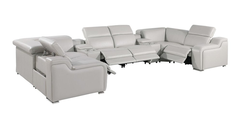 Light Gray Italian Leather Power Reclining U Shaped Eight Piece Corner Sectional With Console on a white background