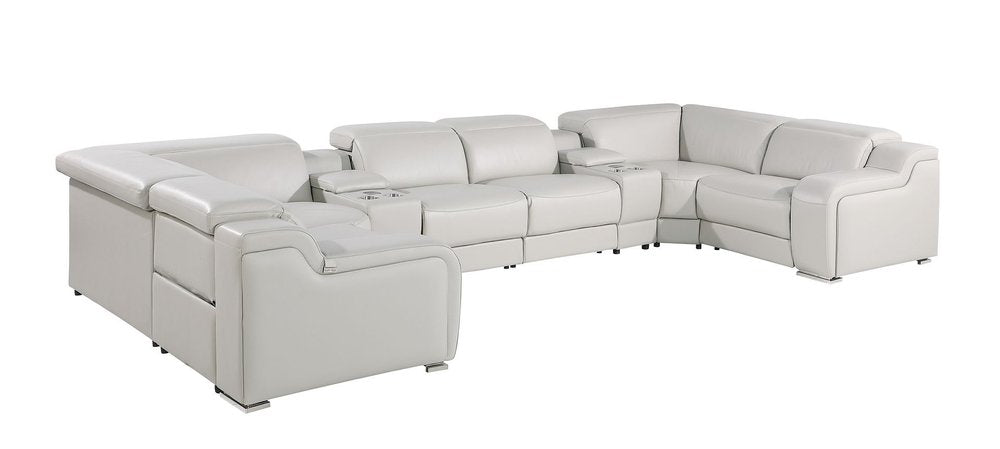 Light Gray Italian Leather Power Reclining U Shaped Eight Piece Corner Sectional With Console on a white background