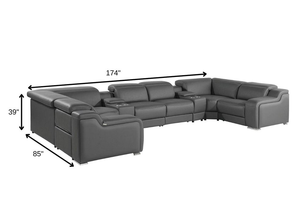 Dark Gray Italian Leather Power Reclining U Shaped Eight Piece Corner Sectional With Console