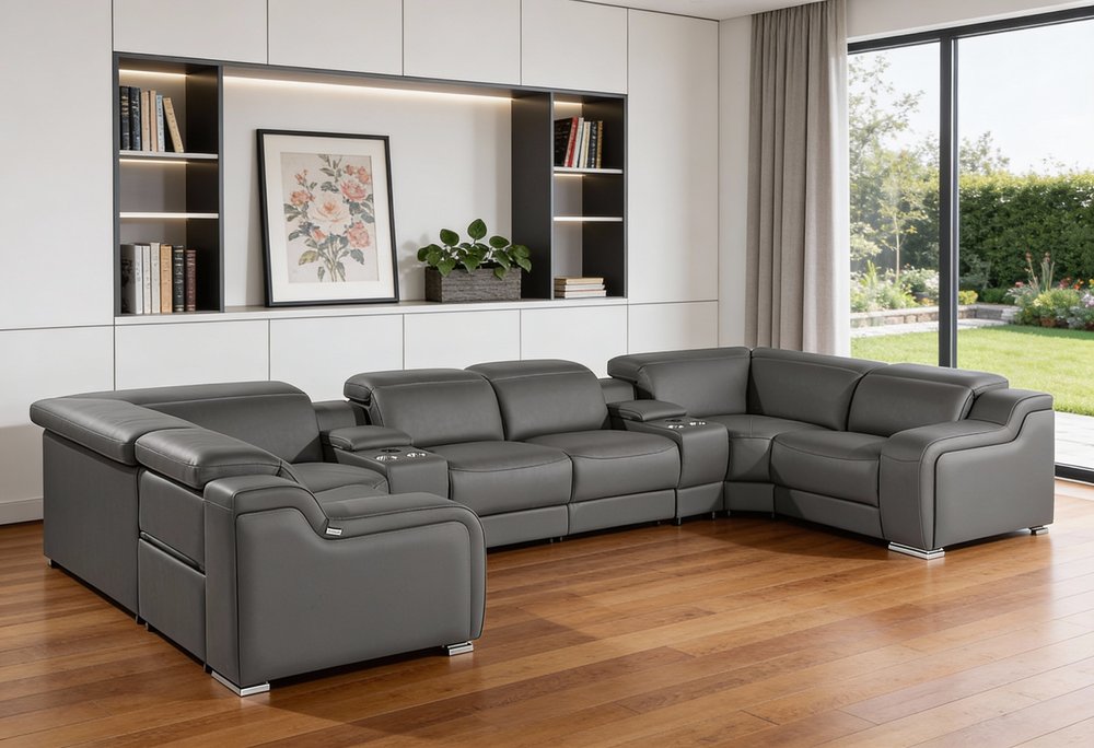 Dark Gray Italian Leather Power Reclining U Shaped Eight Piece Corner Sectional With Console