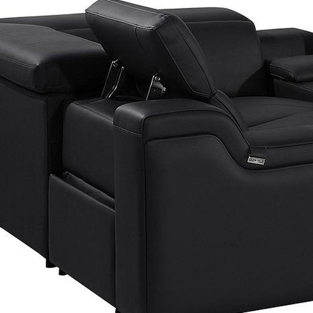 Black Italian Leather Power Reclining U Shaped Eight Piece Corner Sectional With Console