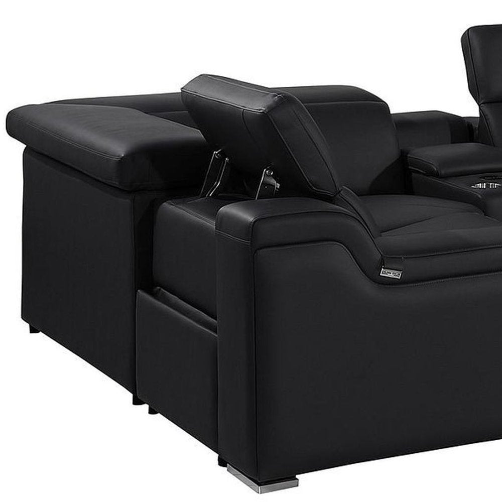 Black Italian Leather Power Reclining U Shaped Eight Piece Corner Sectional With Console