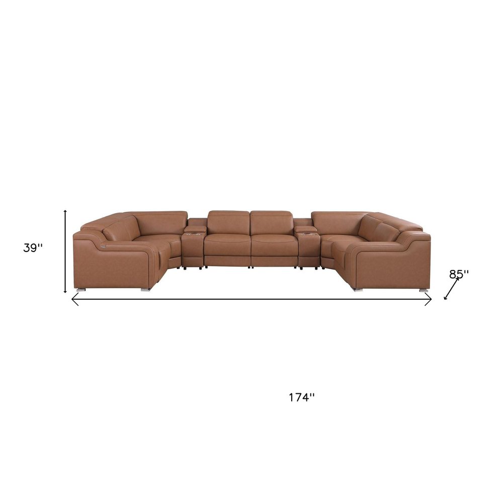 Chestnut Italian Leather Power Reclining U Shaped Eight Piece Corner Sectional With Console