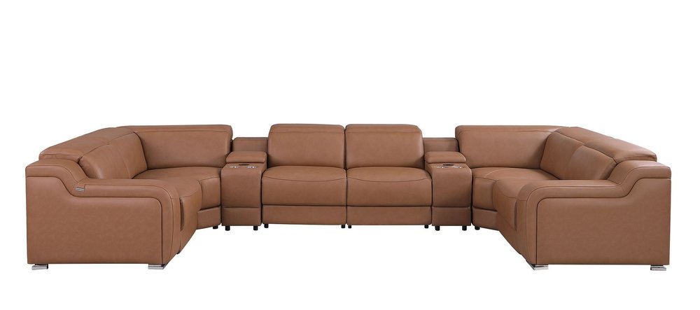 Chestnut Italian Leather Power Reclining U Shaped Eight Piece Corner Sectional With Console
