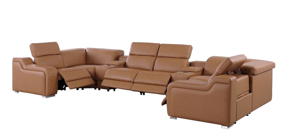 Chestnut Italian Leather Power Reclining U Shaped Eight Piece Corner Sectional With Console