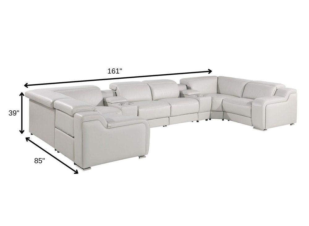 Light Gray Italian Leather Power Reclining U Shaped Eight Piece Corner Sectional With Console