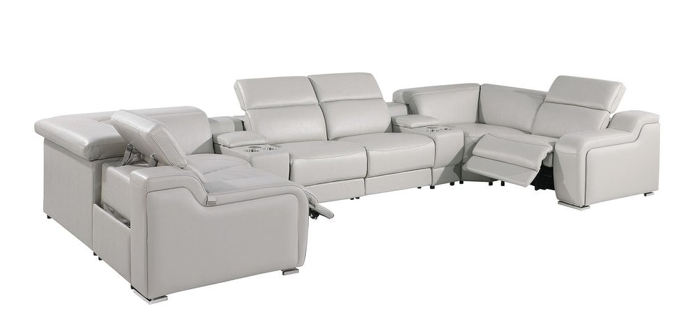 Light Gray Italian Leather Power Reclining U Shaped Eight Piece Corner Sectional With Console on a white background