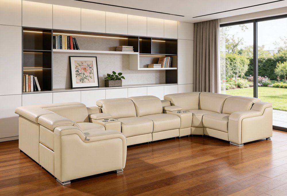 Beige Italian Leather Power Reclining U Shaped Eight Piece Corner Sectional With Console