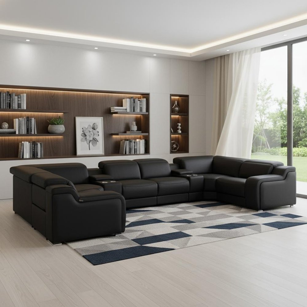 Black Italian Leather Power Reclining U Shaped Eight Piece Corner Sectional With Console