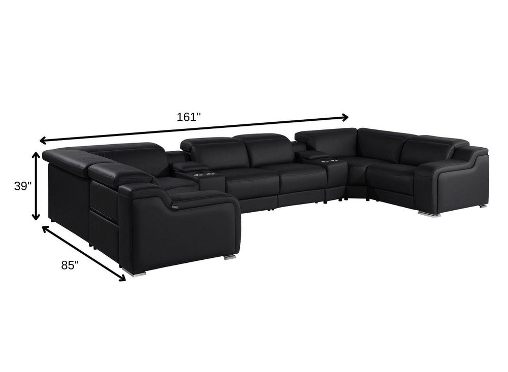 Black Italian Leather Power Reclining U Shaped Eight Piece Corner Sectional With Console