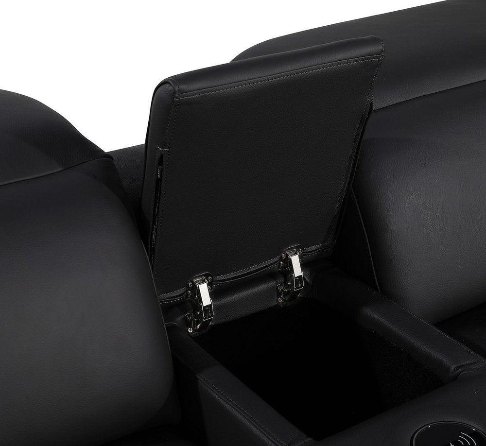 Black Italian Leather Power Reclining U Shaped Eight Piece Corner Sectional With Console