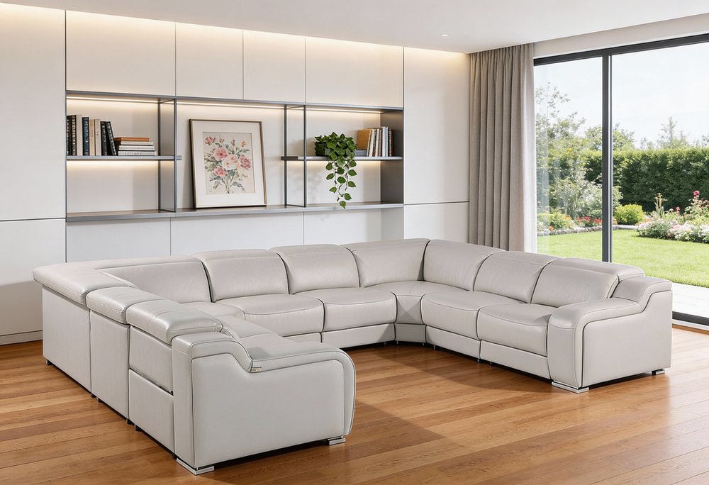Light Gray Italian Leather Power Reclining U Shaped Eight Piece Corner Sectional With Console
