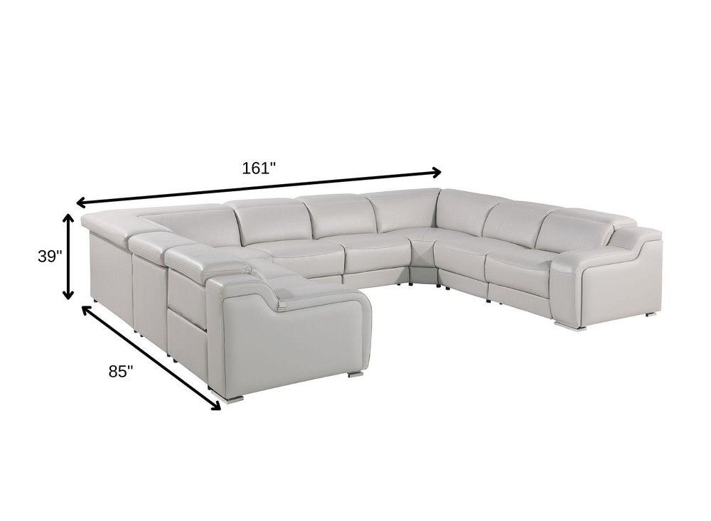 Light Gray Italian Leather Power Reclining U Shaped Eight Piece Corner Sectional With Console