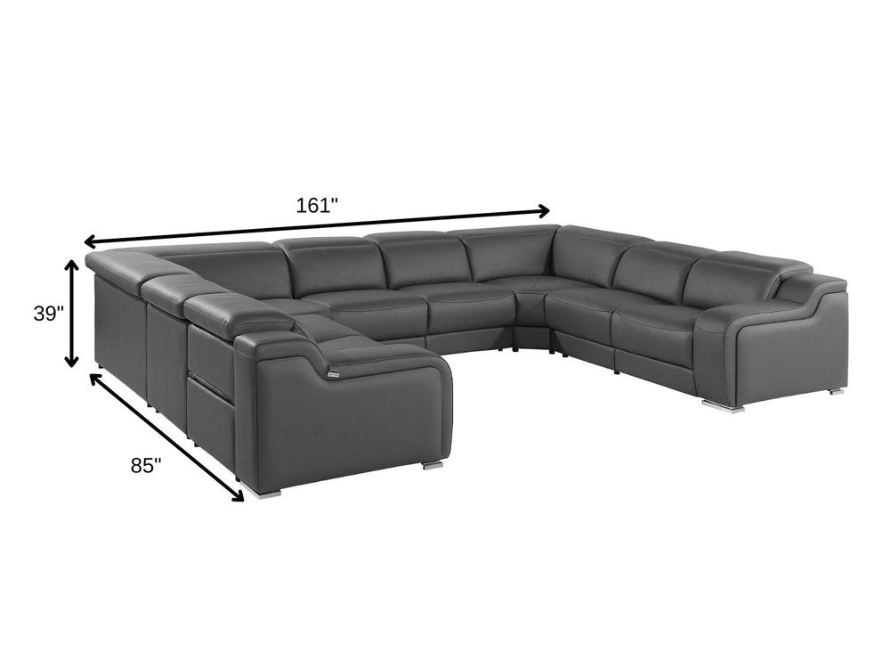 Dark Gray Italian Leather Power Reclining U Shaped Eight Piece Corner Sectional With Console