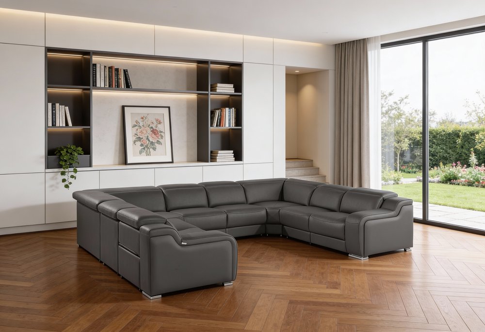 Dark Gray Italian Leather Power Reclining U Shaped Eight Piece Corner Sectional With Console