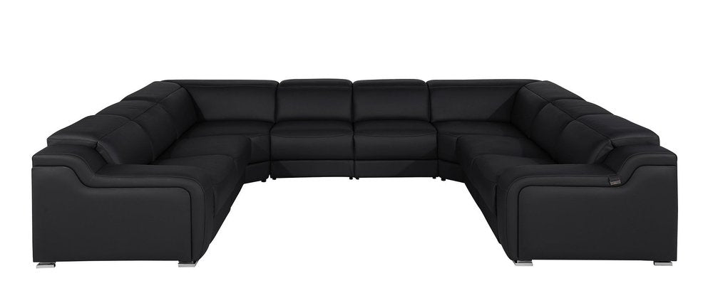 Black Italian Leather Power Reclining U Shaped Eight Piece Corner Sectional With Console