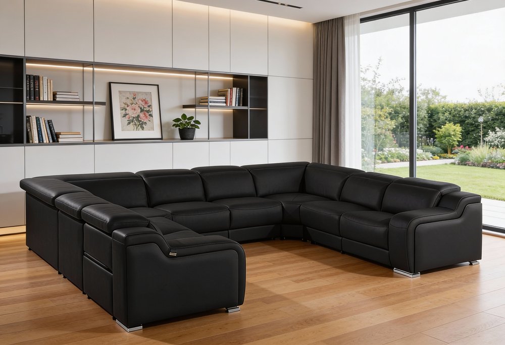 Black Italian Leather Power Reclining U Shaped Eight Piece Corner Sectional With Console