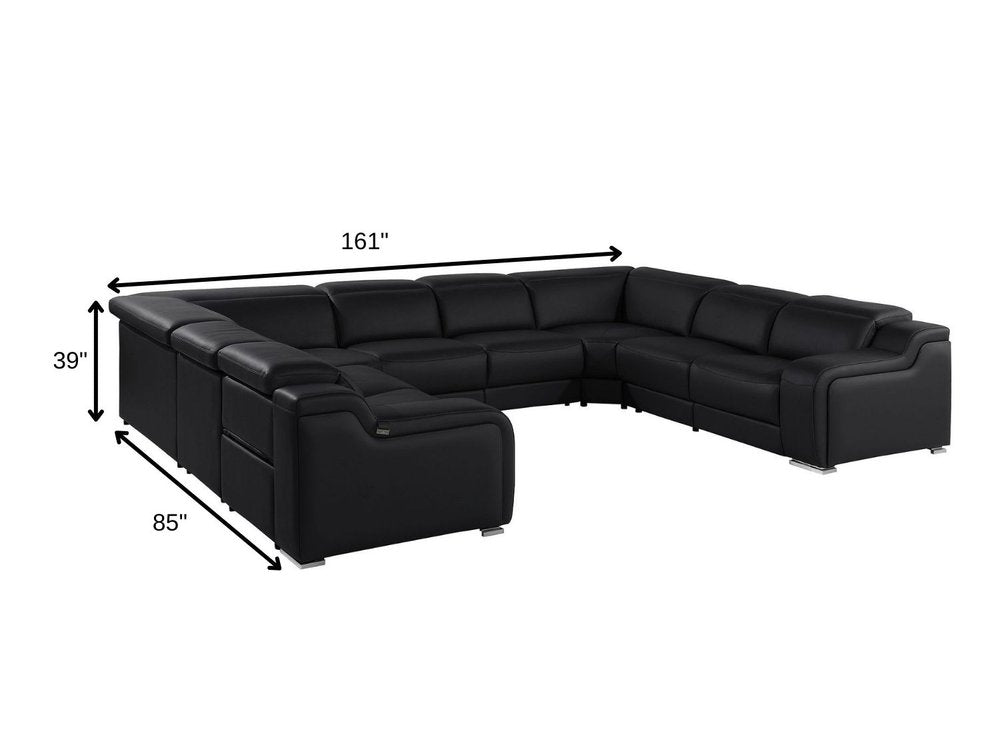 Black Italian Leather Power Reclining U Shaped Eight Piece Corner Sectional With Console