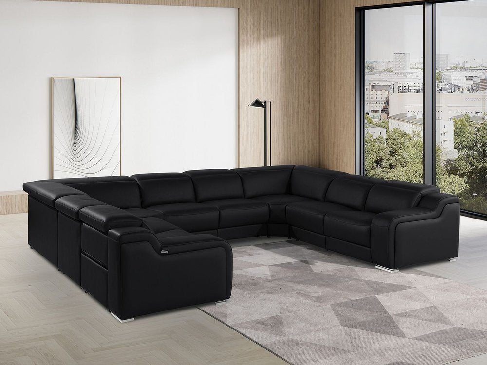 Black Italian Leather Power Reclining U Shaped Eight Piece Corner Sectional With Console