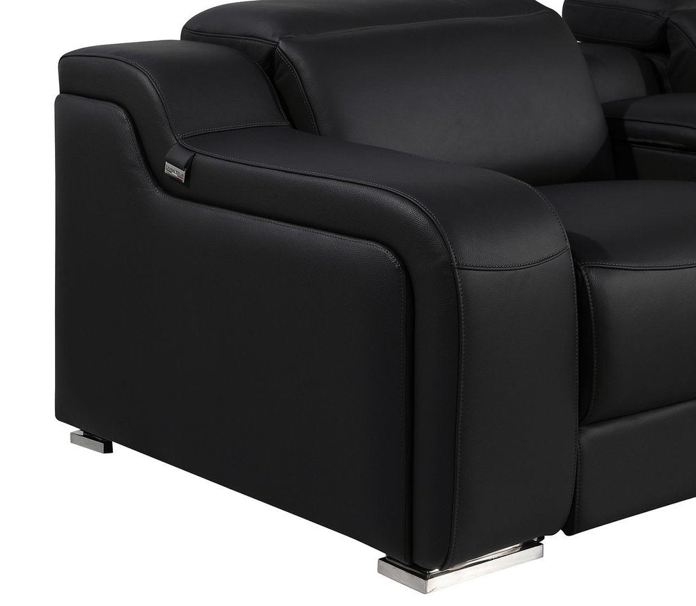 Black Italian Leather Power Reclining U Shaped Eight Piece Corner Sectional With Console