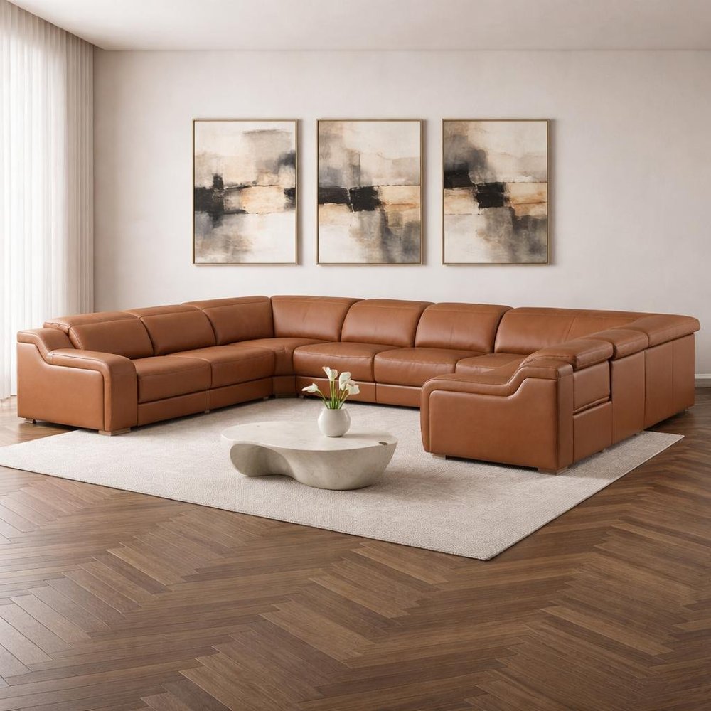 Chestnut Italian Leather Power Reclining U Shaped Eight Piece Corner Sectional With Console