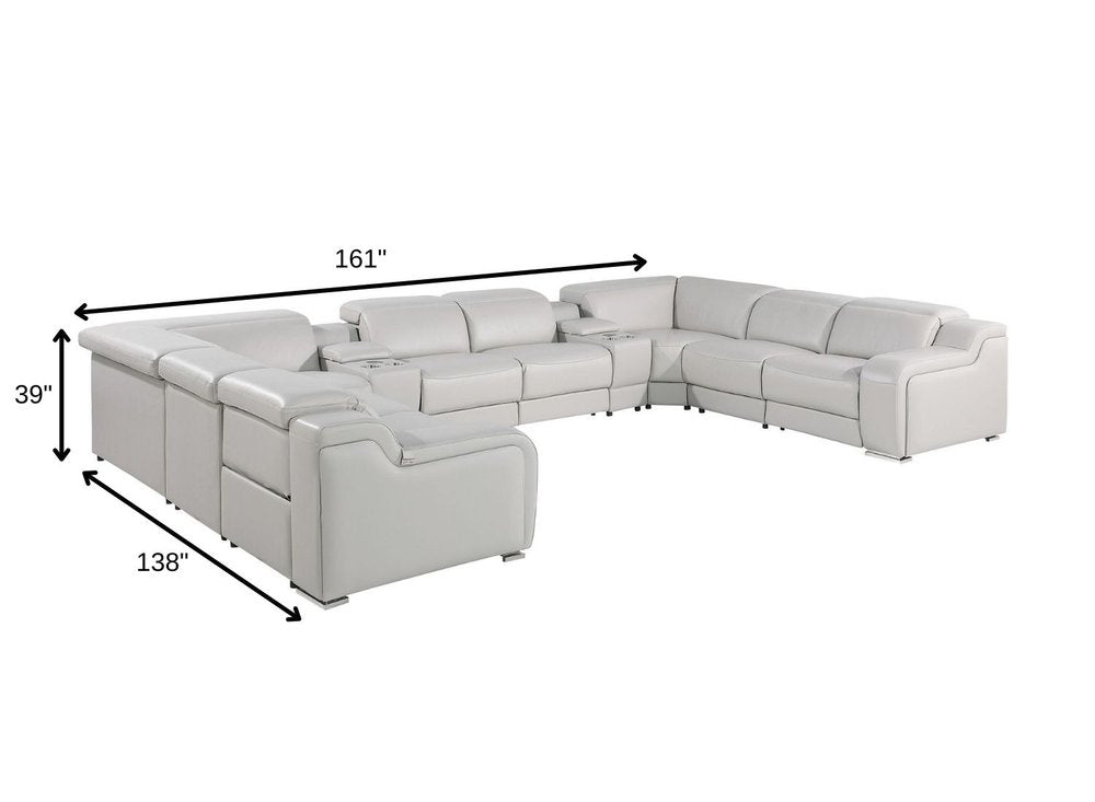 Light Gray Italian Leather Power Reclining U Shaped Ten Piece Corner Sectional With Console