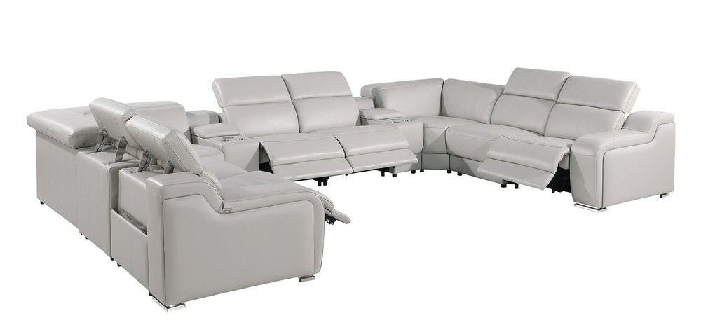 Light Gray Italian Leather Power Reclining U Shaped Ten Piece Corner Sectional With Console on a white background