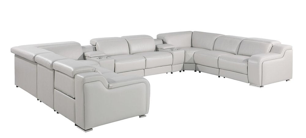 Light Gray Italian Leather Power Reclining U Shaped Ten Piece Corner Sectional With Console on a white background