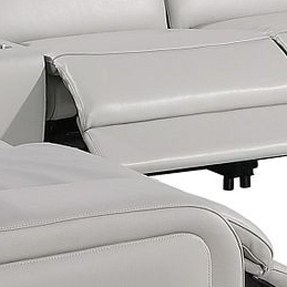 Light Gray Italian Leather Power Reclining U Shaped Ten Piece Corner Sectional With Console on a white background