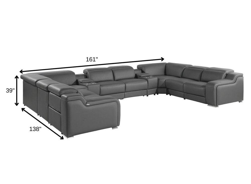 Dark Gray Italian Leather Power Reclining U Shaped Ten Piece Corner Sectional With Console