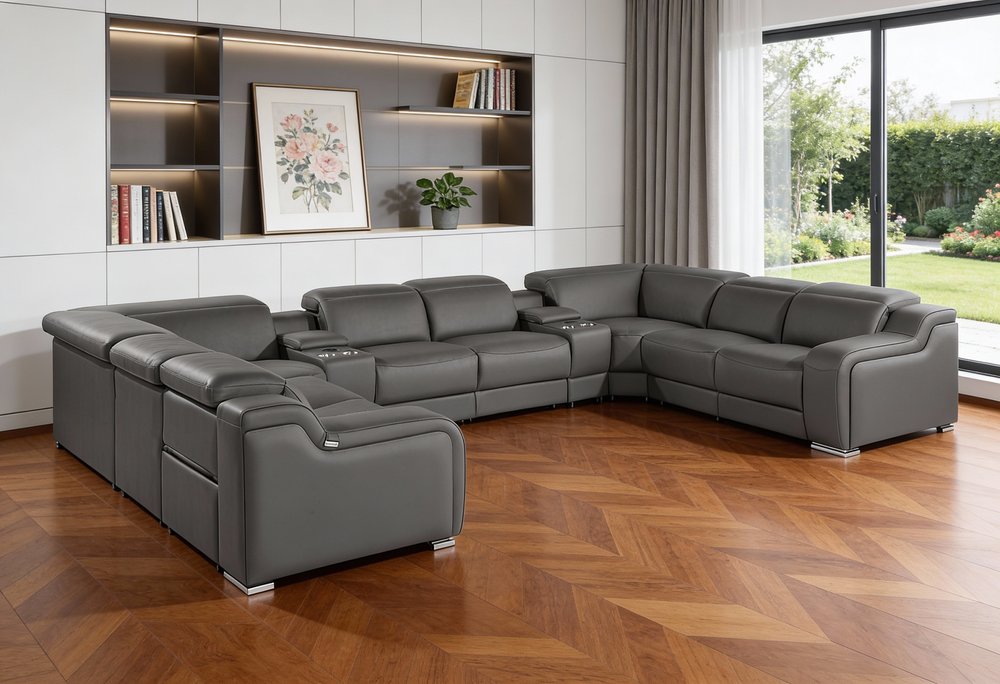 Dark Gray Italian Leather Power Reclining U Shaped Ten Piece Corner Sectional With Console
