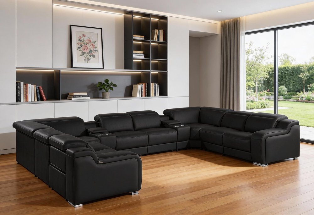 Black Italian Leather Power Reclining U Shaped Ten Piece Corner Sectional With Console