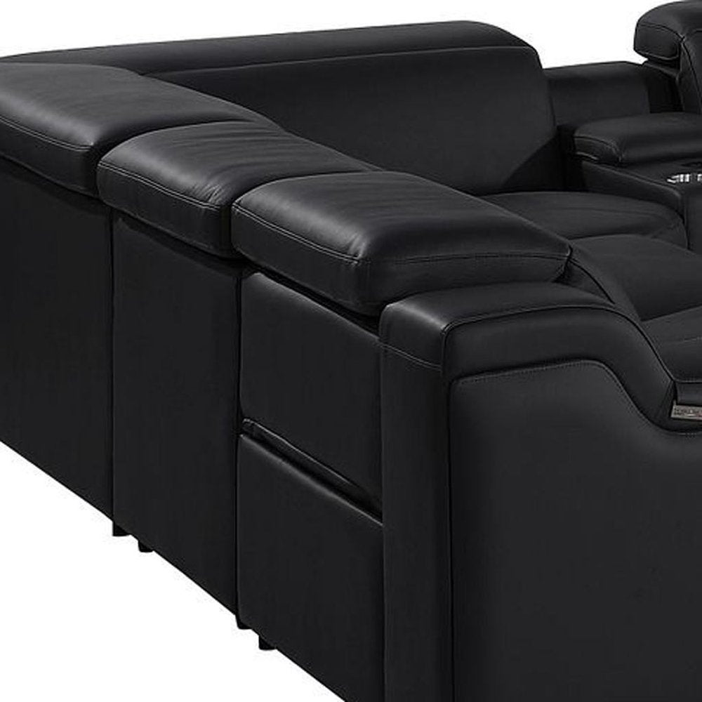 Black Italian Leather Power Reclining U Shaped Ten Piece Corner Sectional With Console