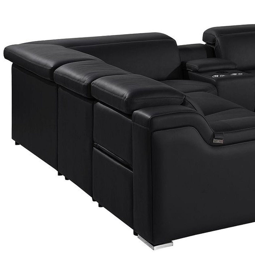 Black Italian Leather Power Reclining U Shaped Ten Piece Corner Sectional With Console