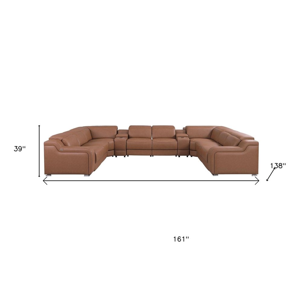 Chestnut Italian Leather Power Reclining U Shaped Ten Piece Corner Sectional With Console