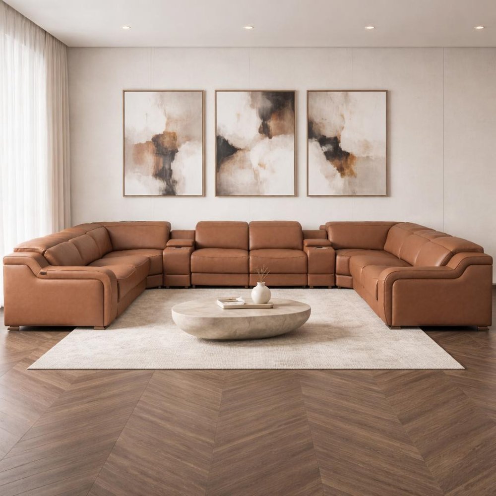 Chestnut Italian Leather Power Reclining U Shaped Ten Piece Corner Sectional With Console