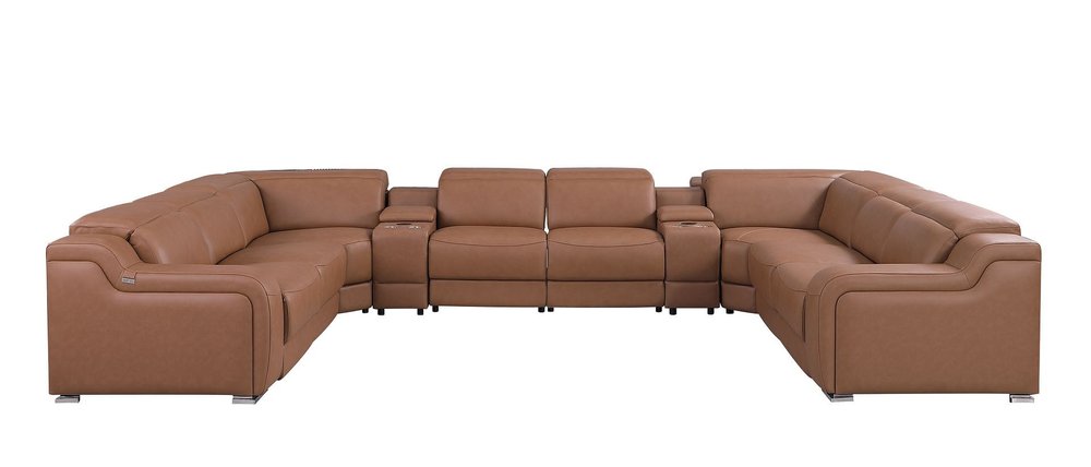 Chestnut Italian Leather Power Reclining U Shaped Ten Piece Corner Sectional With Console