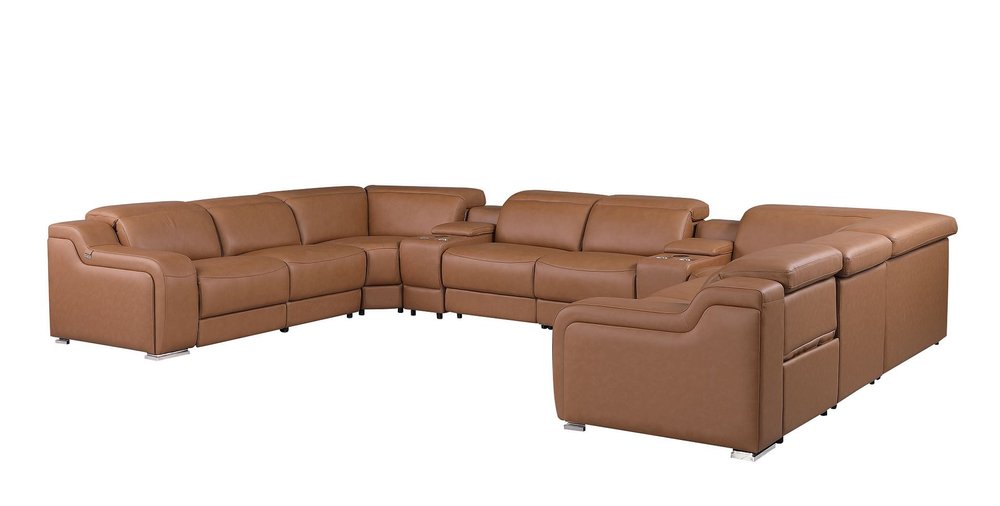 Chestnut Italian Leather Power Reclining U Shaped Ten Piece Corner Sectional With Console