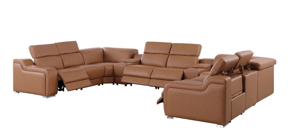 Chestnut Italian Leather Power Reclining U Shaped Ten Piece Corner Sectional With Console