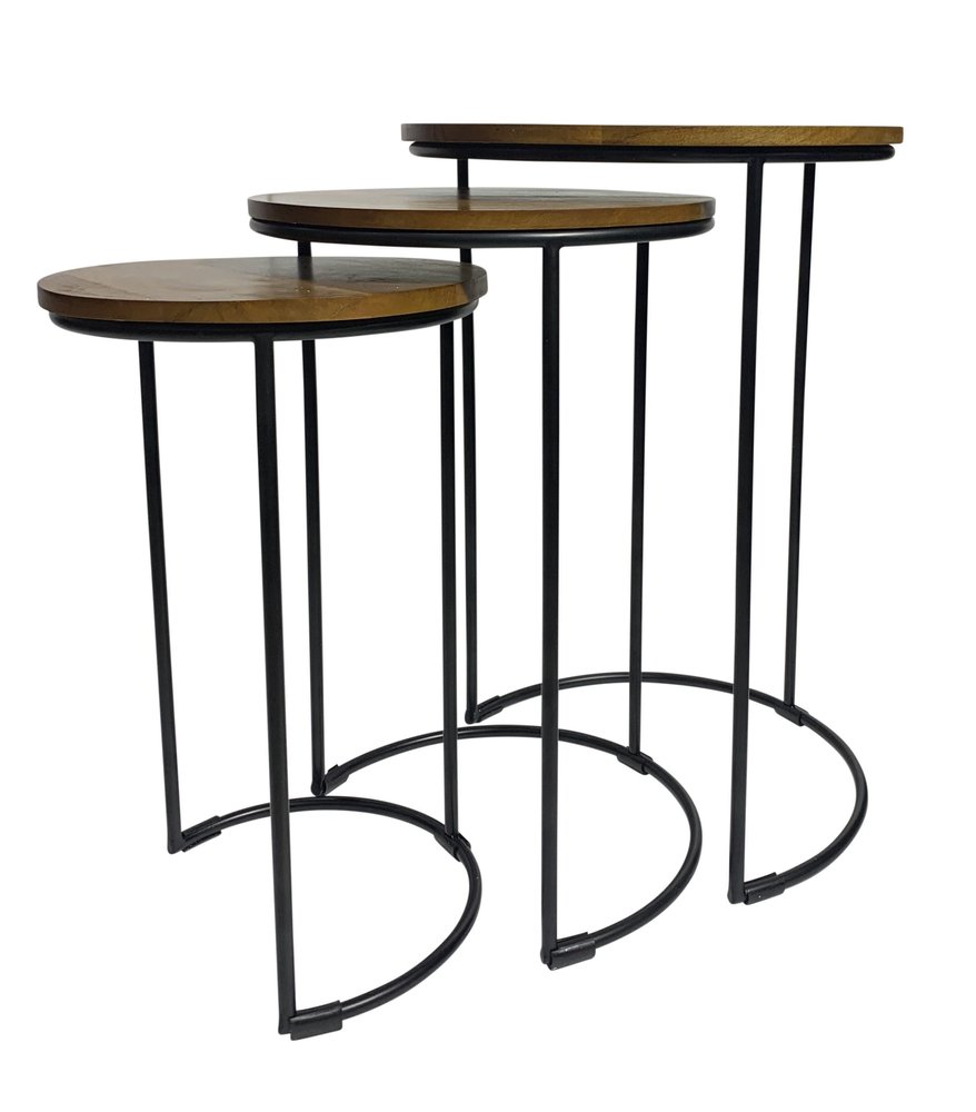Set of Two Chestnut and Black Solid Wood and Metal Round Frame Nested Tables on a white background
