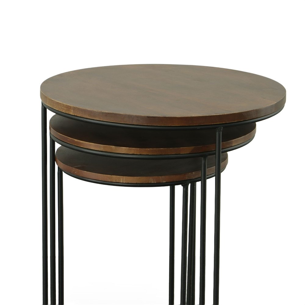 Set of Two Chestnut and Black Solid Wood and Metal Round Frame Nested Tables on a white background