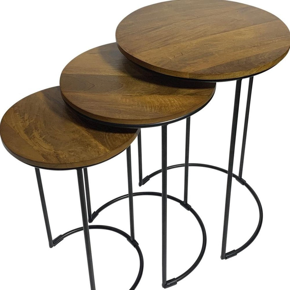 Set of Two Chestnut and Black Solid Wood and Metal Round Frame Nested Tables on a white background